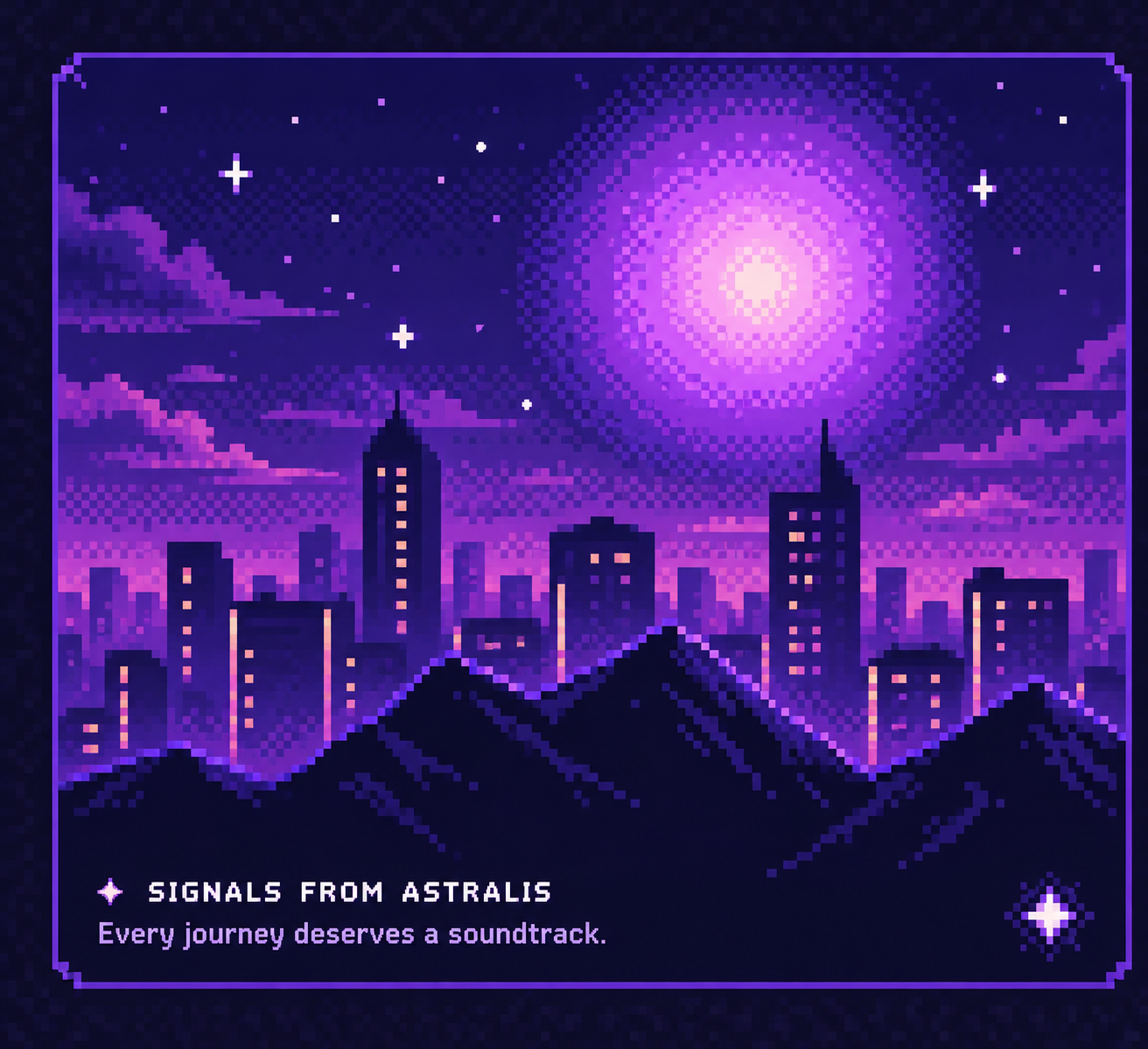 Signals from Astralis: a purple pixel-art city beneath a luminous night sky