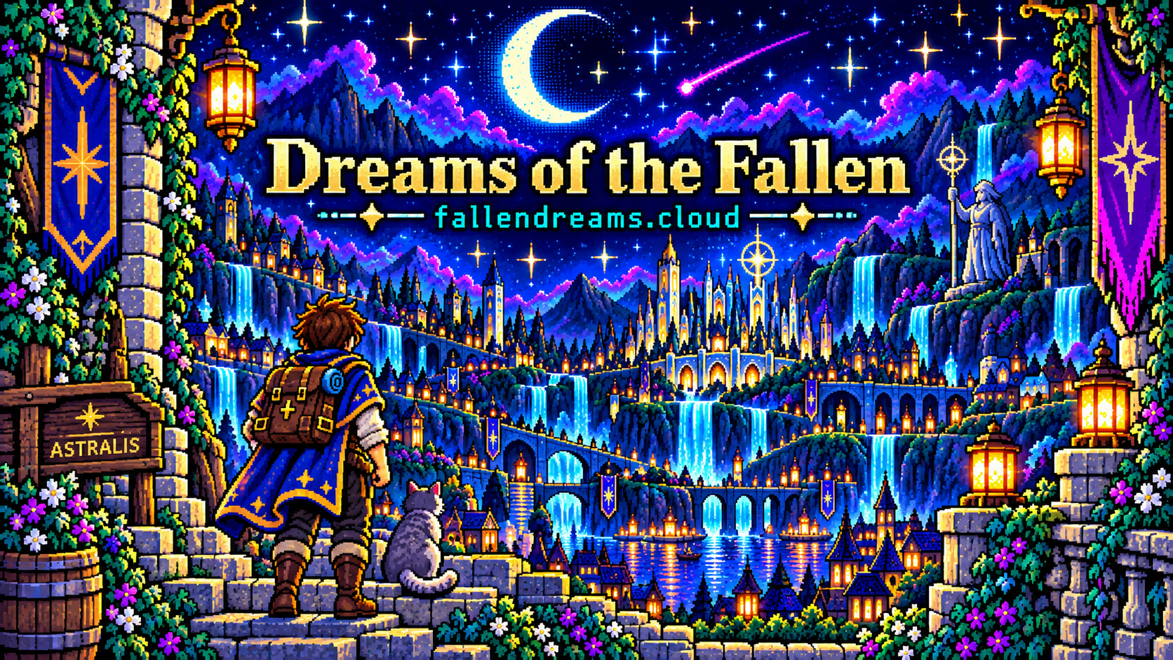 Dreams of the Fallen: a traveler and cat overlooking the lantern-lit, pixel-art world of Astralis